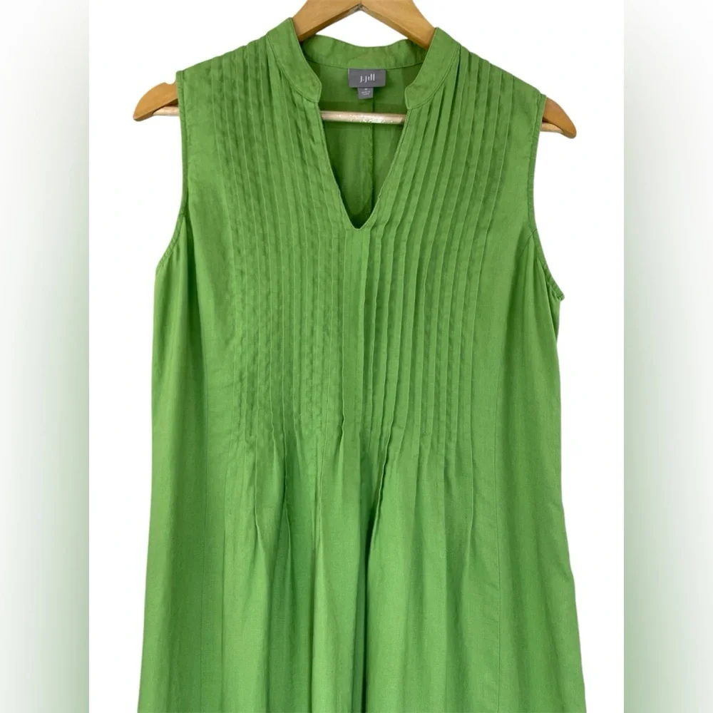 J. Jill Linen Pintuck Pleated Sleeveless Maxi Dress Apple Green Size M Lagenlook - Picture 5 of 10